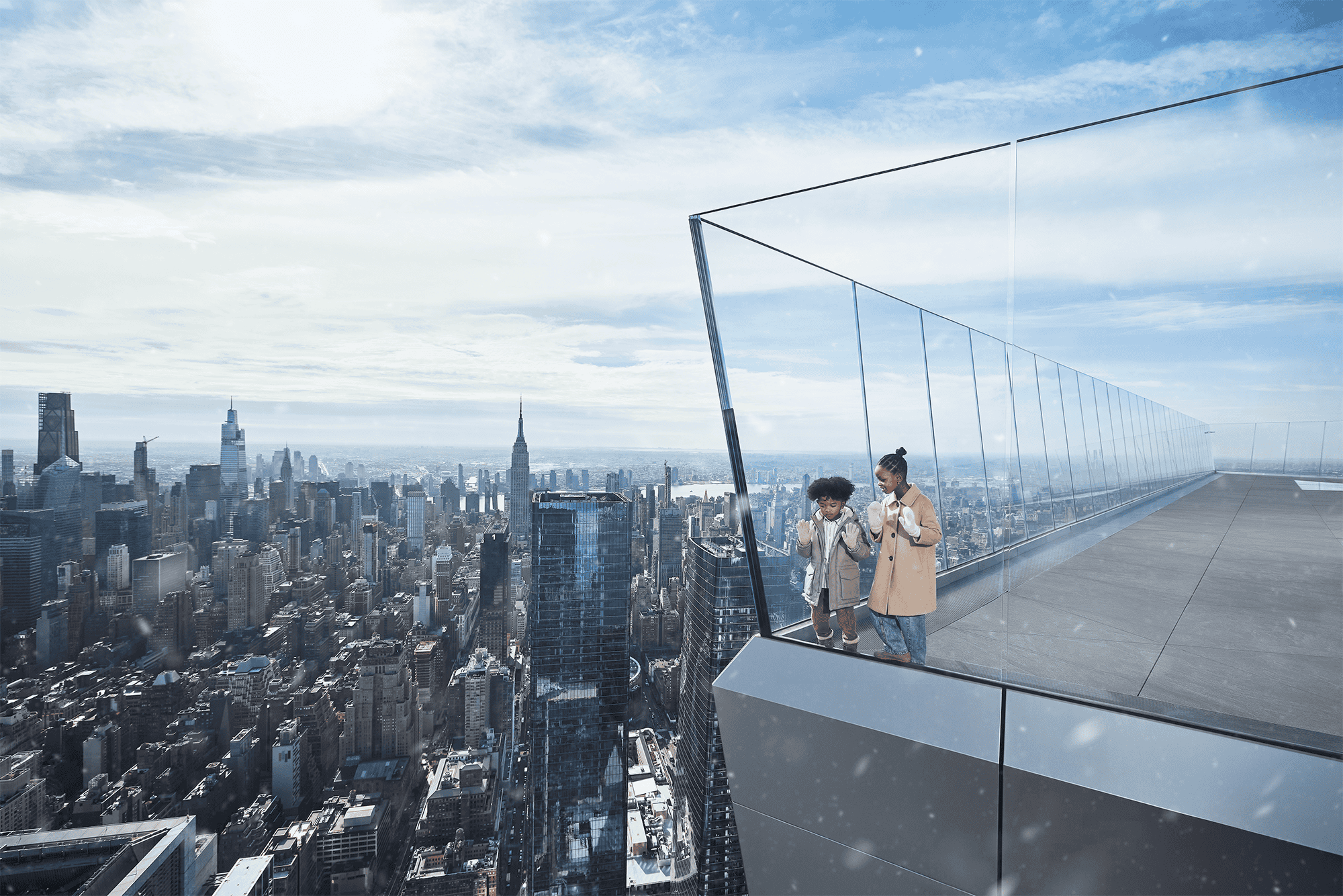 Kids looking out over the Edge Observation Deck in Hudson Yards, NYC.