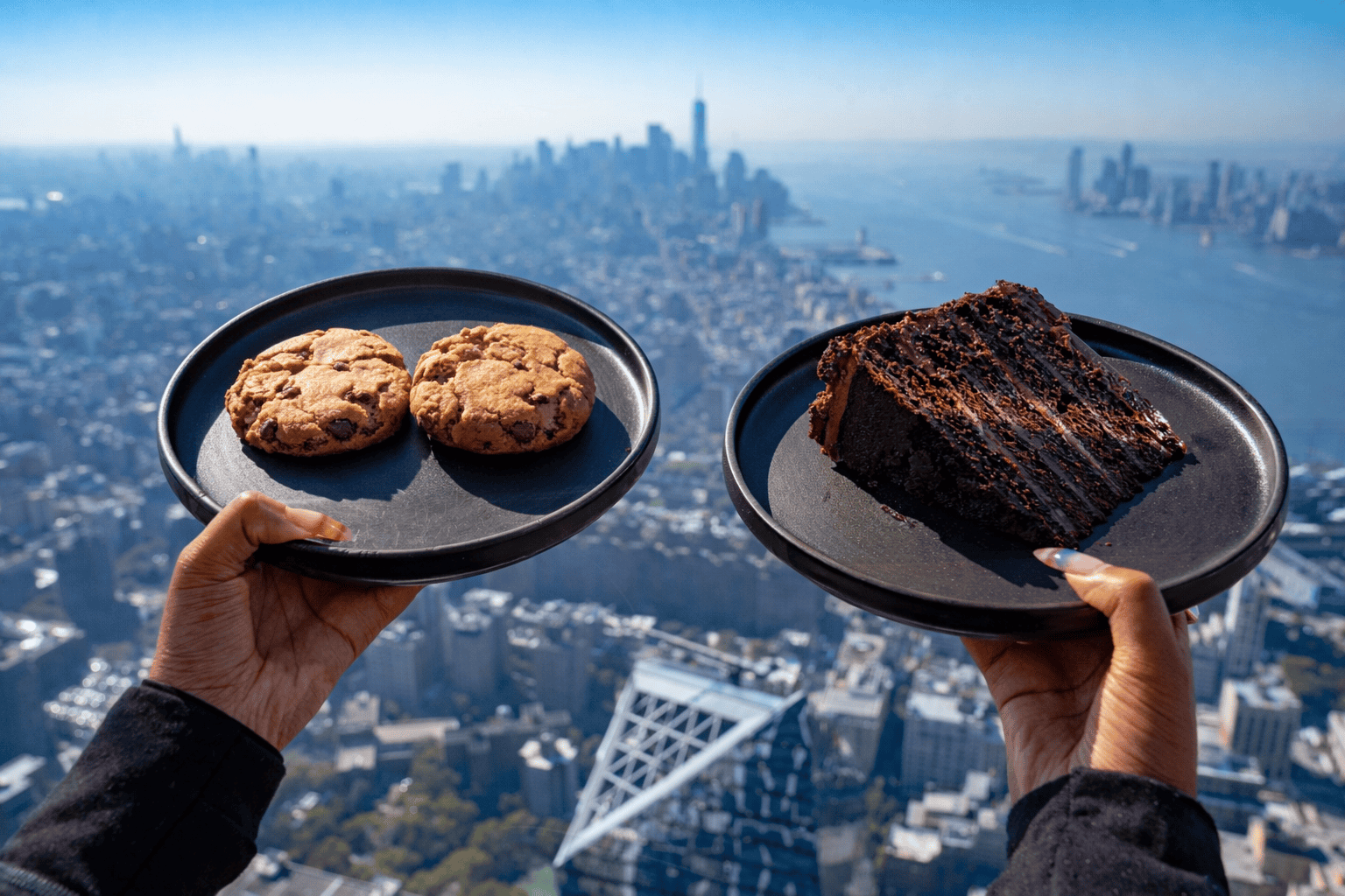 two hands holding a plate of cookies and chocolate cake
