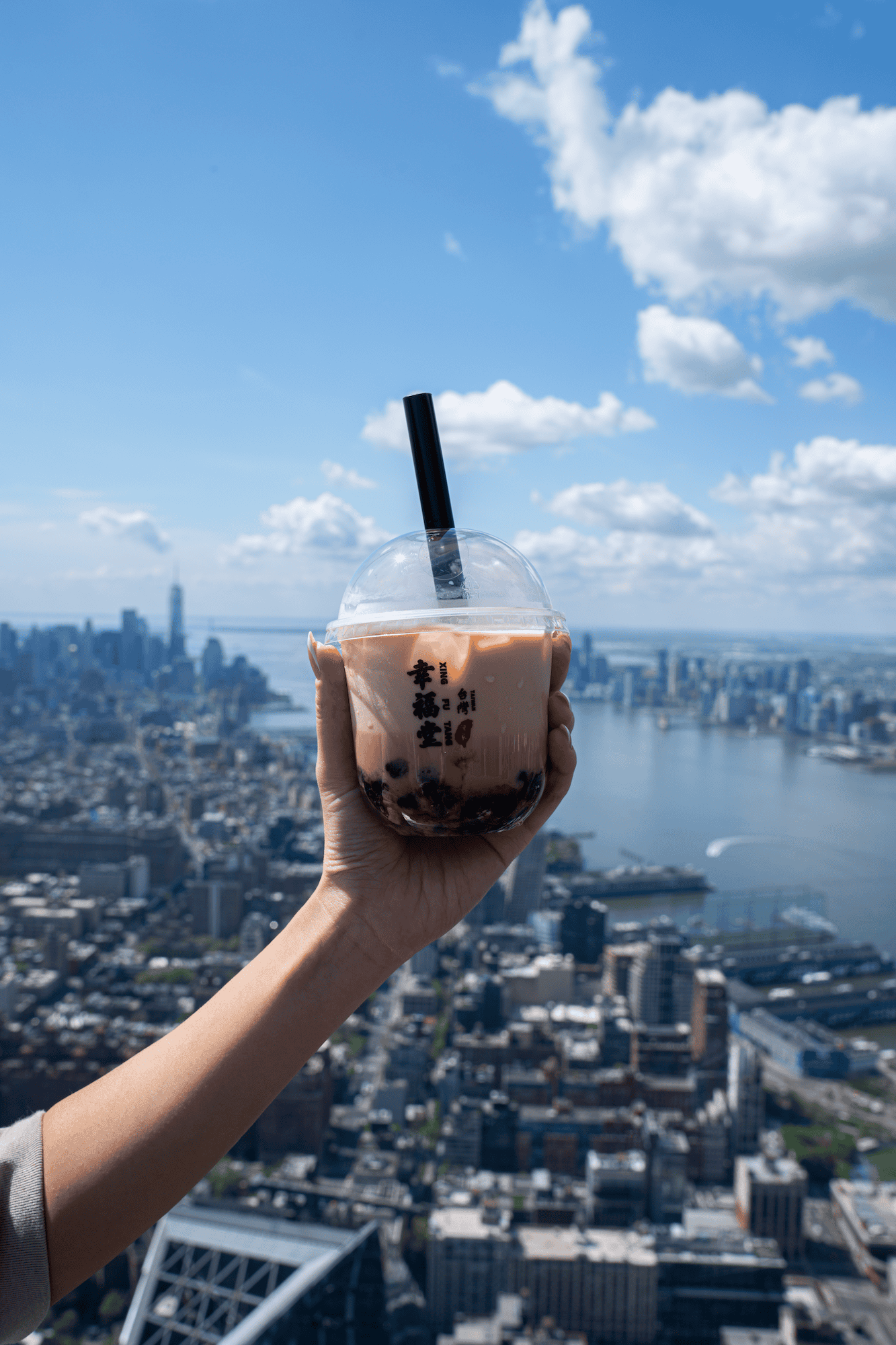 Cup of mini boba on the outer deck of Edge NYC with the skyline in the background.