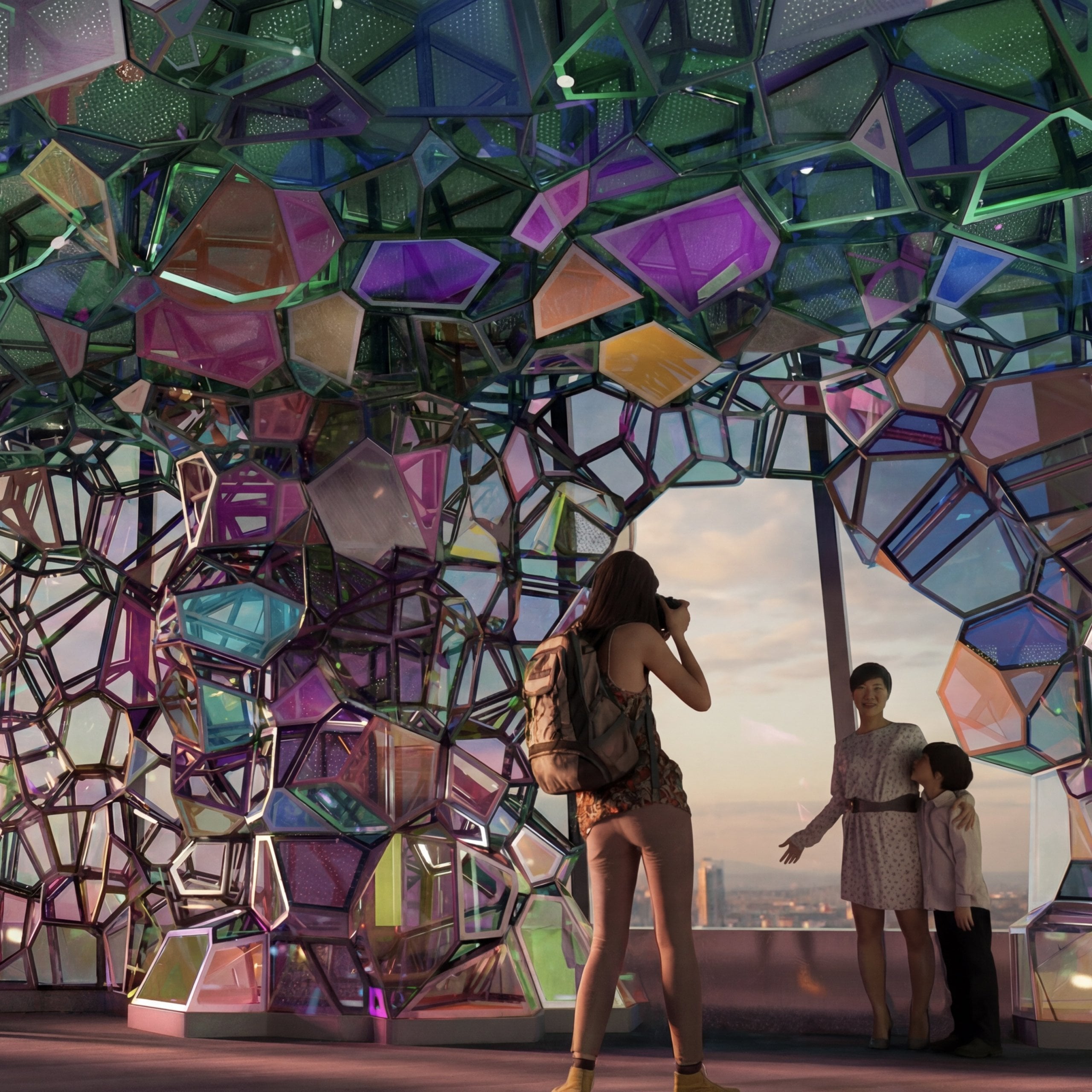 Rendering of a colorful crystal-like immersive installation at Edge NYC