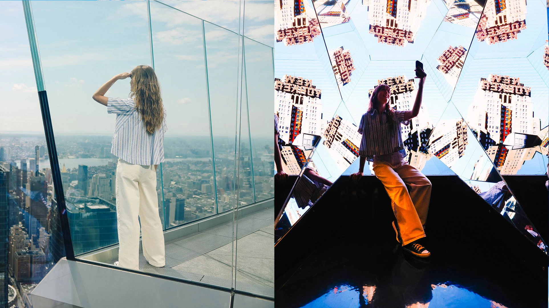 Split-image: left side shows a woman in a striped shirt looking out through glass walls at a cityscape; right side shows a person taking a selfie among a mirrored geometric installation.