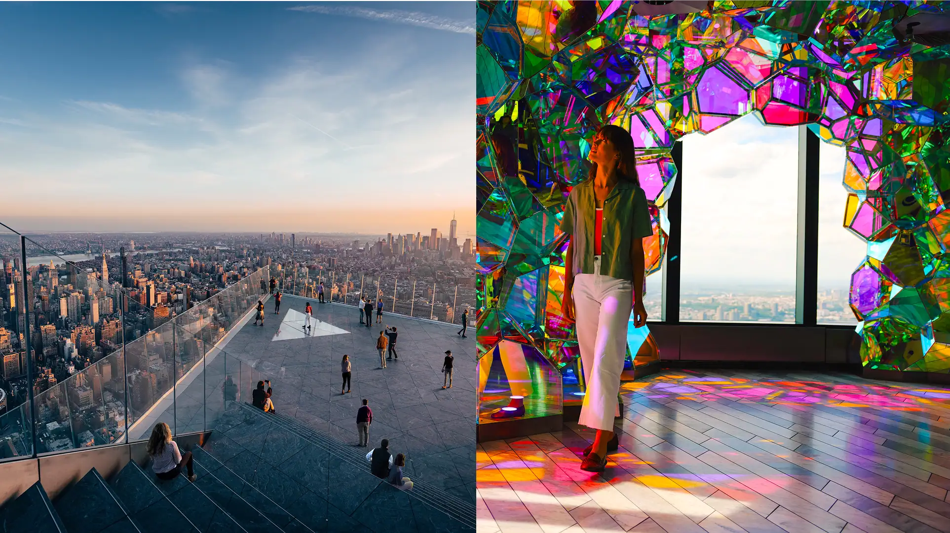 City skyline view from an elevated observation deck at sunset, with glass barriers and scattered visitors, paired with a colorful mirrored interior sculpture where a woman stands nearby.