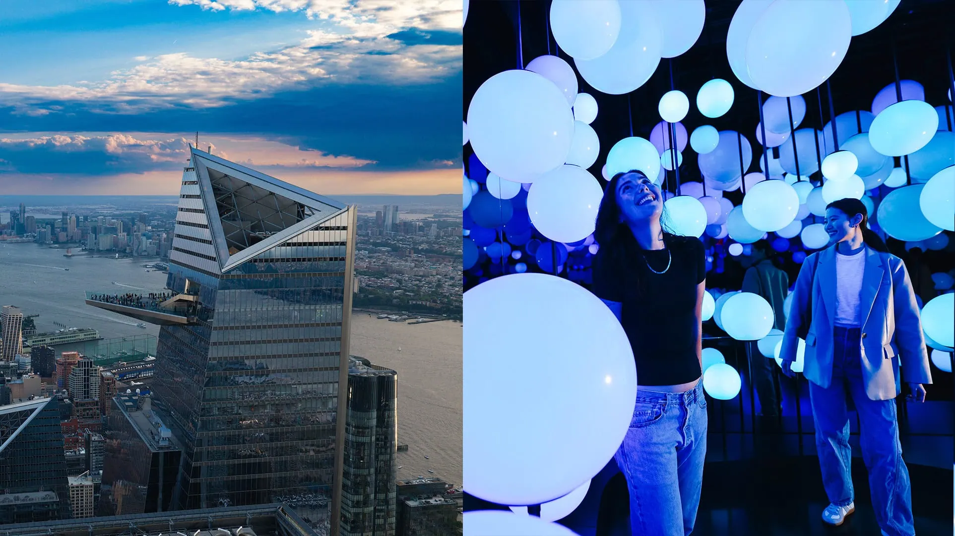 Split image: left shows a high vantage cityscape with Edge building; right shows people in a Pulse, immersive installation smiling under blue lighting.